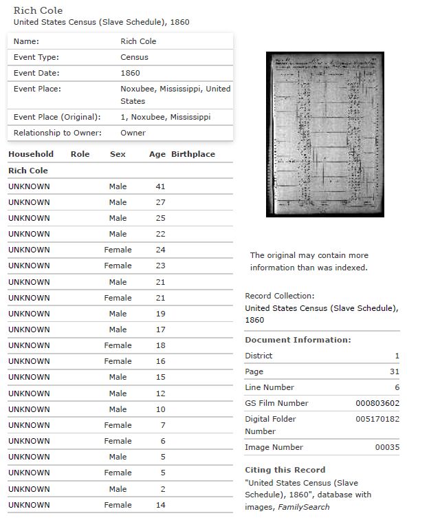 Richard Cole 1860 Slave Index