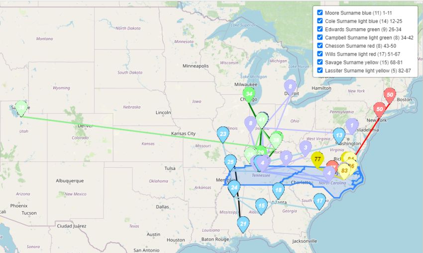 A presentation on the migration of Zoe's ancestors.  Family tree information of significant life events have been placed on an interactive map.  