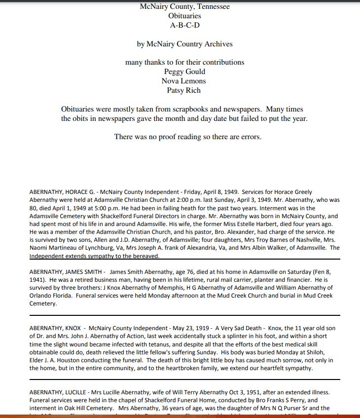 McNairy County, Tennessee
Obituaries
A-B-C-D
by McNairy Country Archives