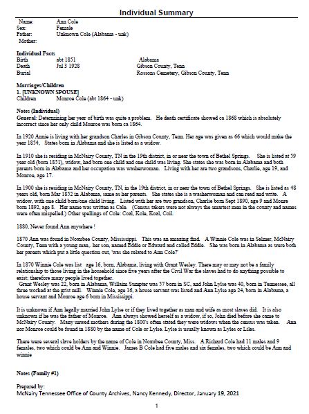Ann Cole Individual Summary provided McNairy Tennessee Office of County Archives 