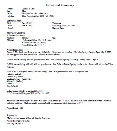 Individual Summary for Charles Cole provided by the McNairy Tennessee Office of County Archives
