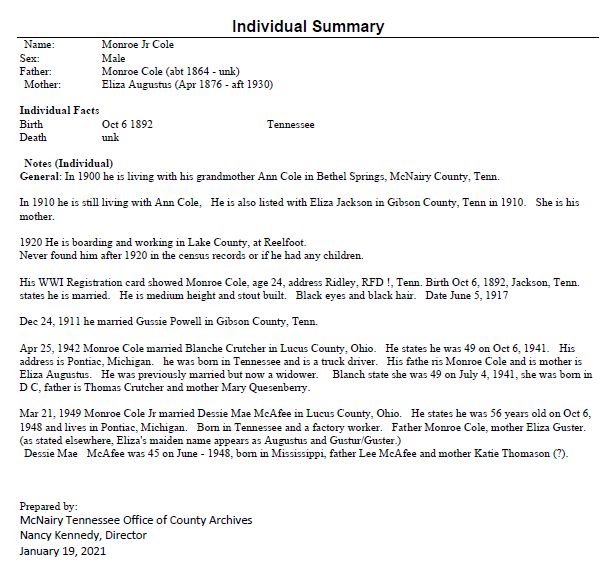 Individual Summary for Monroe Cole Jr. provided by the McNairy Tennessee Office of County Archives 