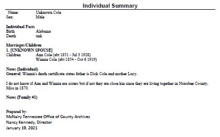 Individual Summary for Unknown Cole born in Alabama [Ann and Winnie's father] provided by the McNairy Tennessee Office of County Archives