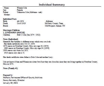 Individual Summary for Winnie Cole provided by the McNairy Tennessee Office of County Archives