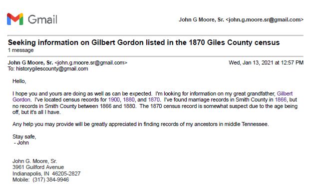 In January 2021 queries were made to several counties regarding the Gordon, Cole, and Williams surnames