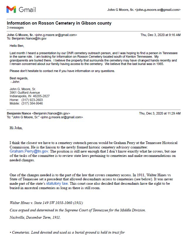 2020 emails related to Rosson Cemetery