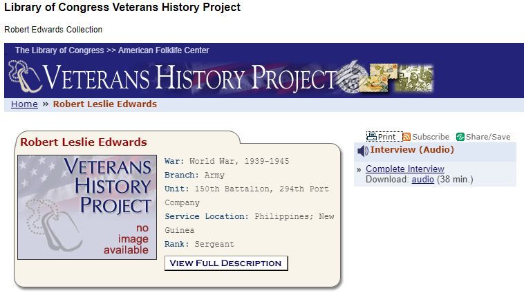 Library of Congress Veterans History Project