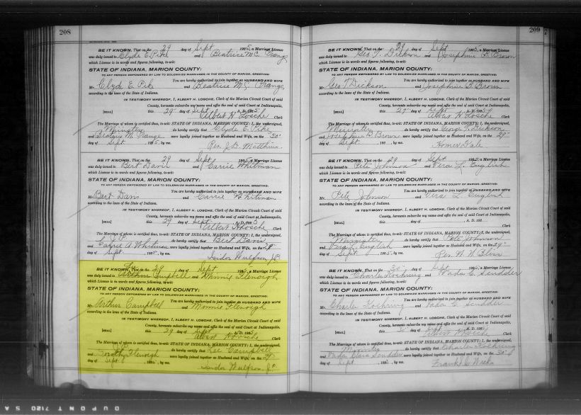 Marriage record for Minnie Flenoigh and Lee Campbell 29 Sep 1925