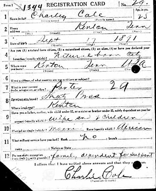 Charles Cole WWI Draft Registration