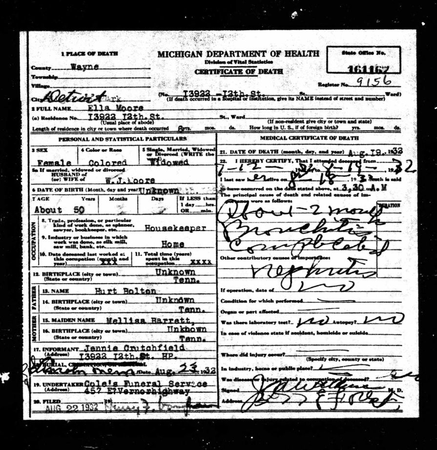 Ella Bolton Moore died August 19, 1932 in Detroit michigan