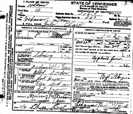 Death Certificate for Julia Gordon Clark