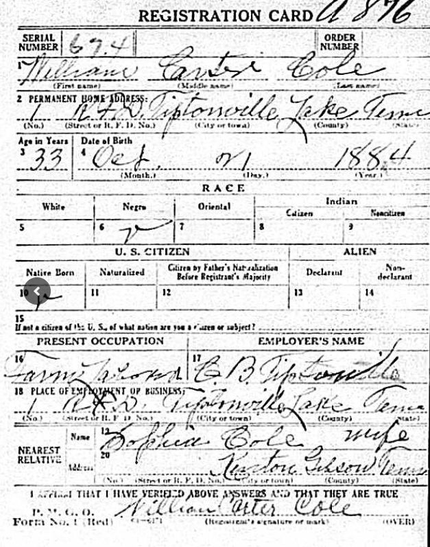 William Carter Cole WWI Registration