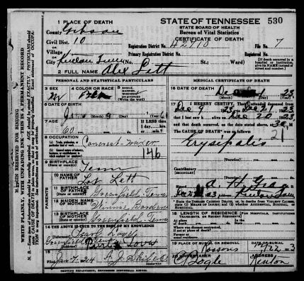 Death Certificate: Alex Lett