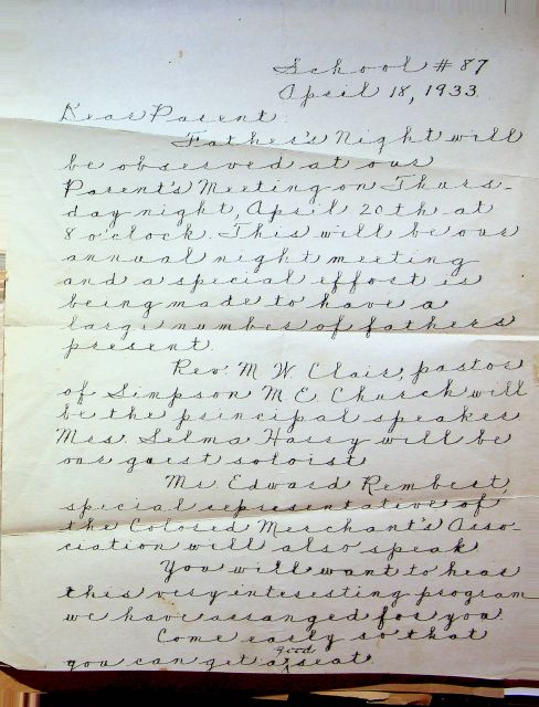 1933 School #87 Parent's letter