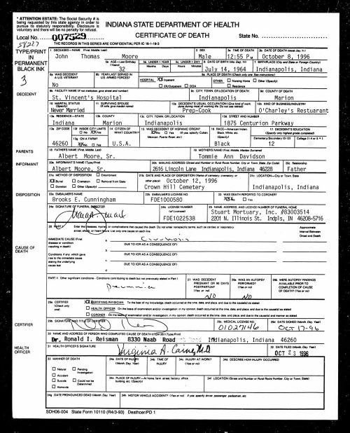 Death Certificate John Thomas Moore