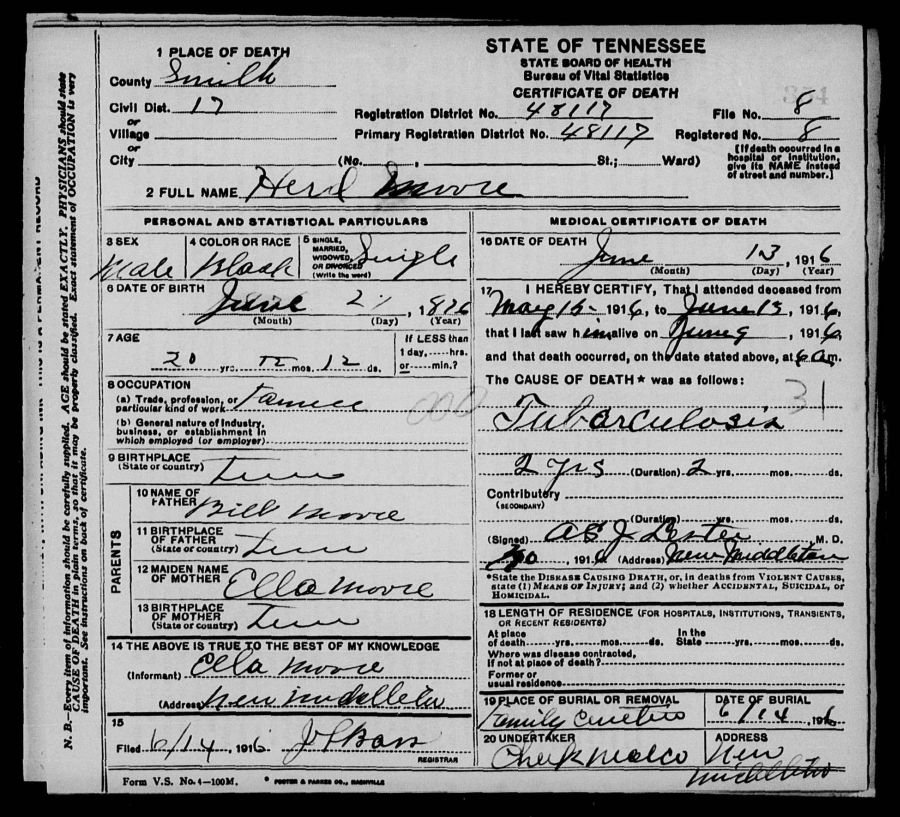 Death Certificate for Herd Moore -1916